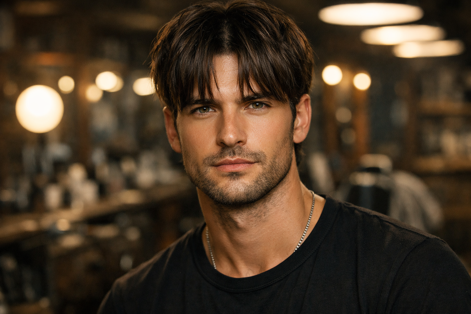 Man with curtain bangs hairstyle — center-parted fringe with layered sides