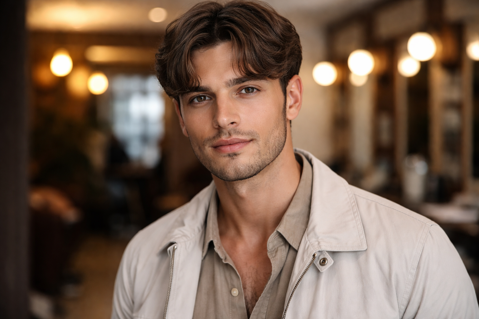 Man with curtain bangs hairstyle — center-parted fringe with layered sides