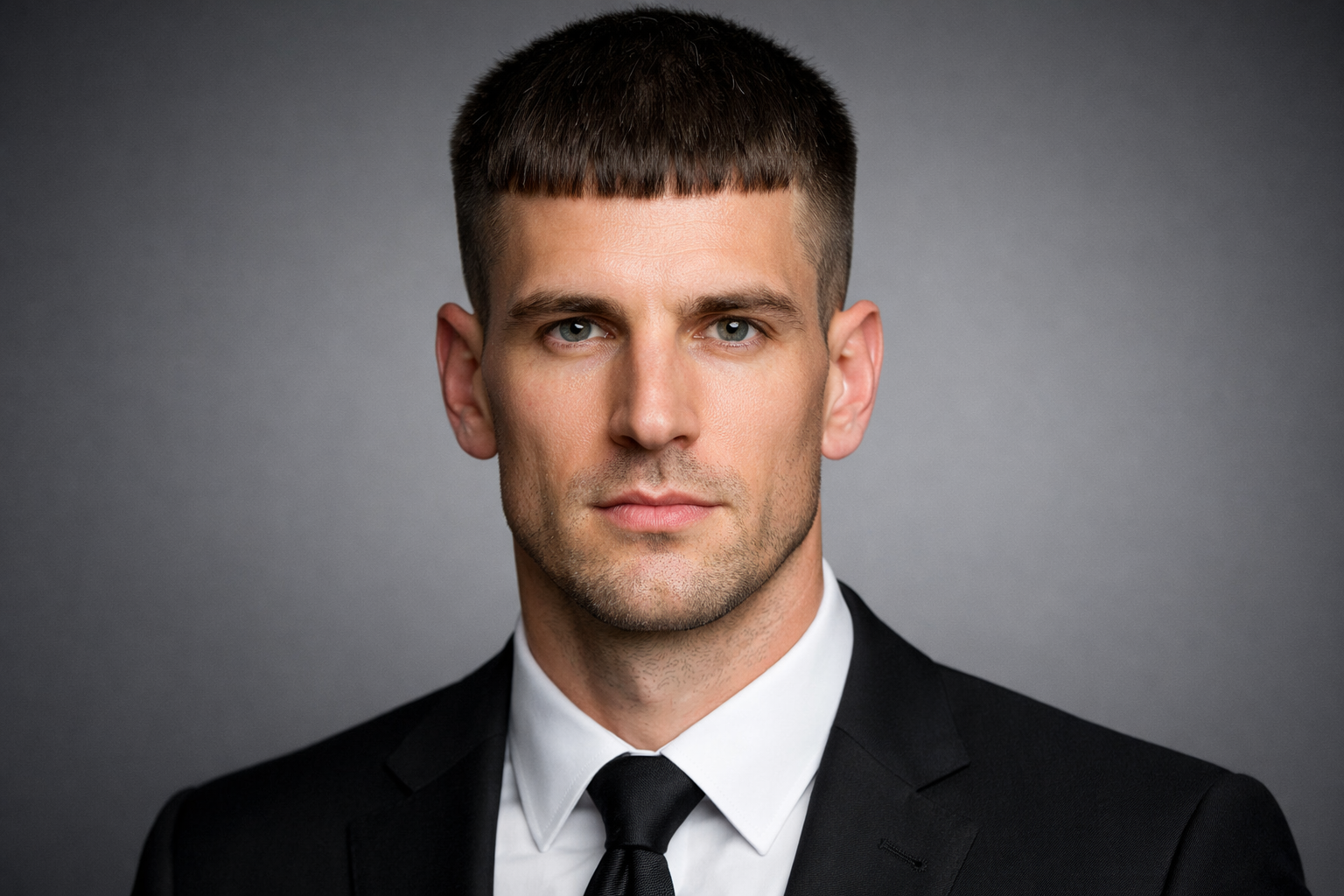 Man with oblong face shape and wide-crop haircut