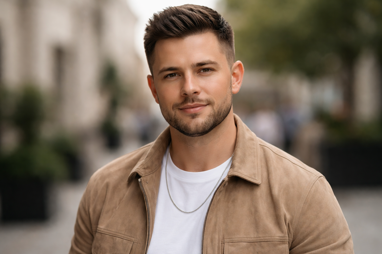 Male with round face shape and defined haircut